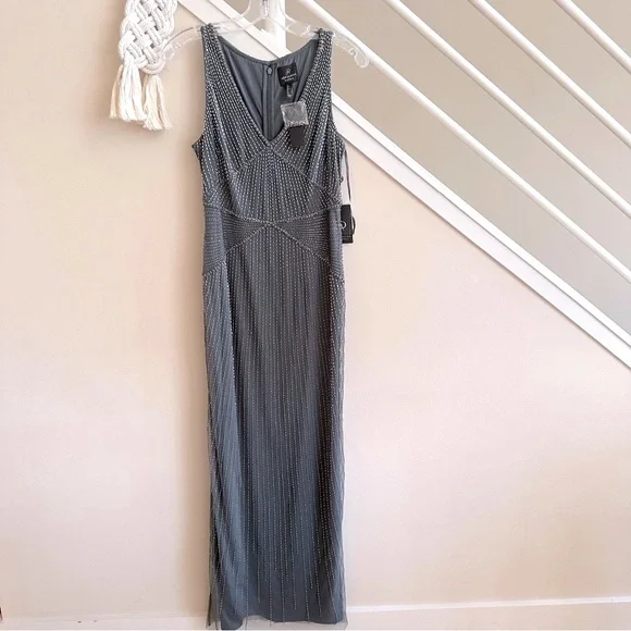 adrianna papell beaded v neck dress Cap Sleeve Beaded Sequin Floral Gown In Marble